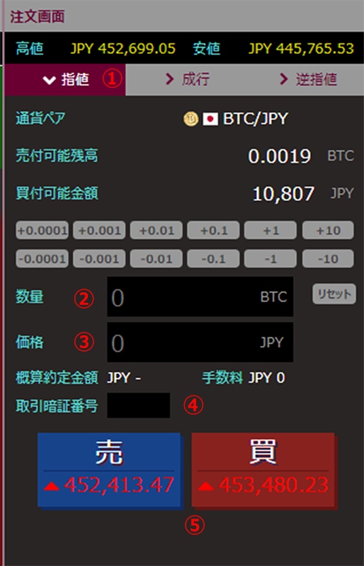 BITPoint ADVANCEの指値での注文画面